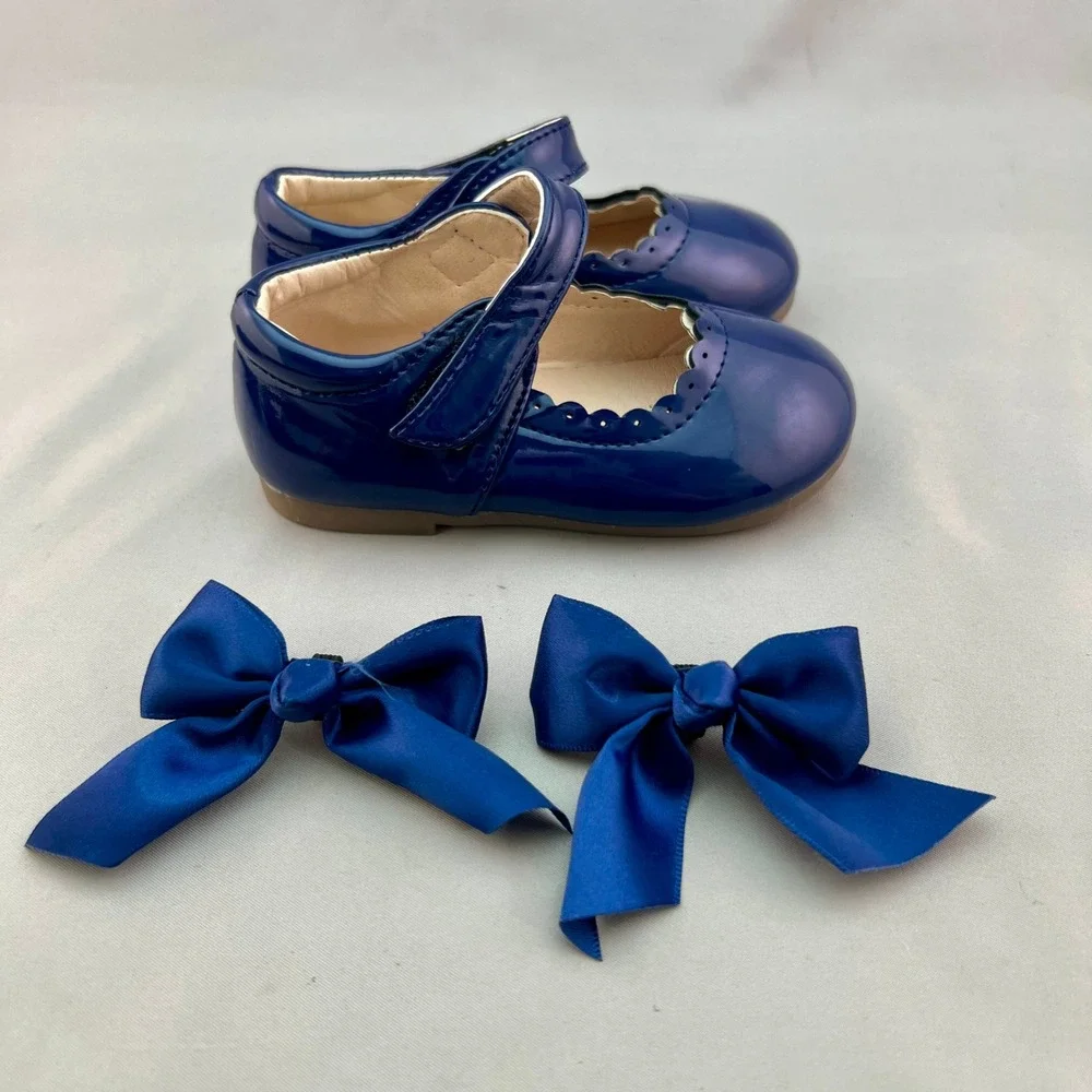 MG Baby Mary Jane Flats Toddler EU 22 (6-6.5) Dark Blue New Patent Scallop Bows